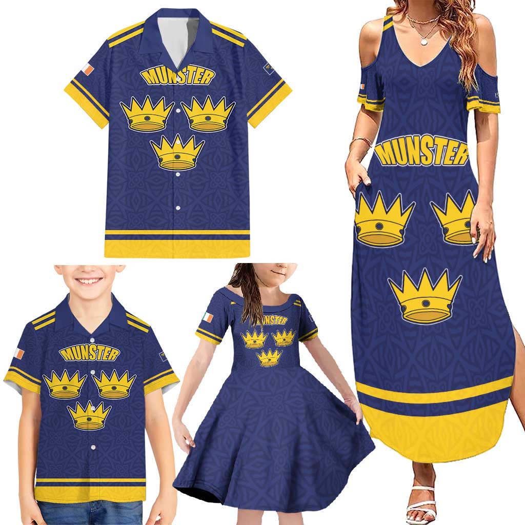 Personalized Ireland Munster Three Gold Crowns Family Matching Summer Maxi Dress and Hawaiian Shirt An Mhumhain Flag Three Gold Crowns