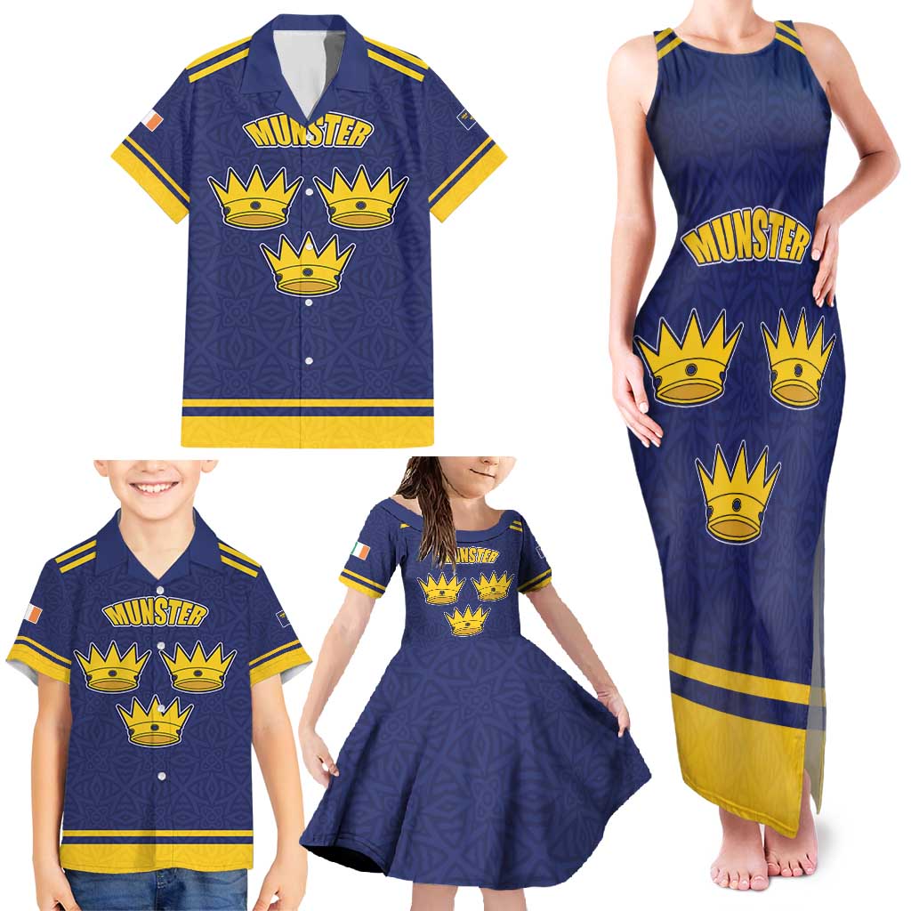 Personalized Ireland Munster Three Gold Crowns Family Matching Tank Maxi Dress and Hawaiian Shirt An Mhumhain Flag Three Gold Crowns