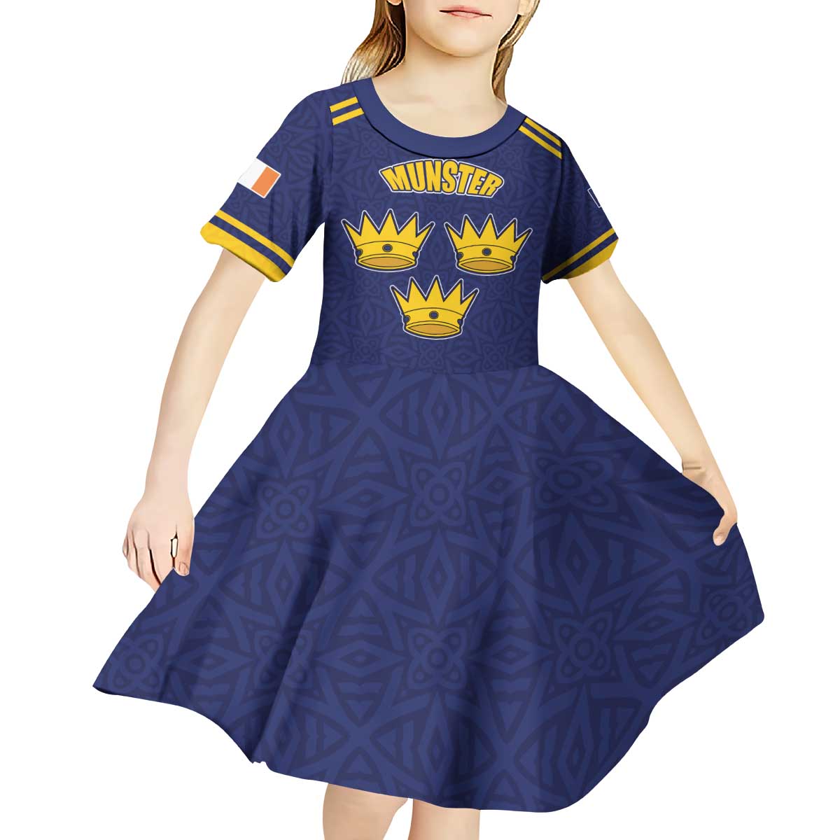 Personalized Ireland Munster Three Gold Crowns Kid Short Sleeve Dress An Mhumhain Flag Three Gold Crowns