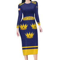 Personalized Ireland Munster Three Gold Crowns Long Sleeve Bodycon Dress An Mhumhain Flag Three Gold Crowns