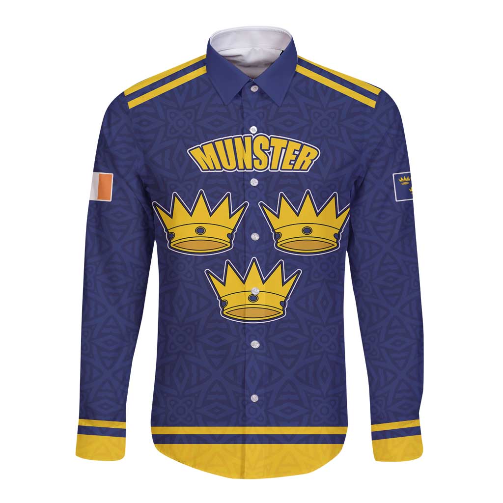 Personalized Ireland Munster Three Gold Crowns Long Sleeve Button Shirt An Mhumhain Flag Three Gold Crowns