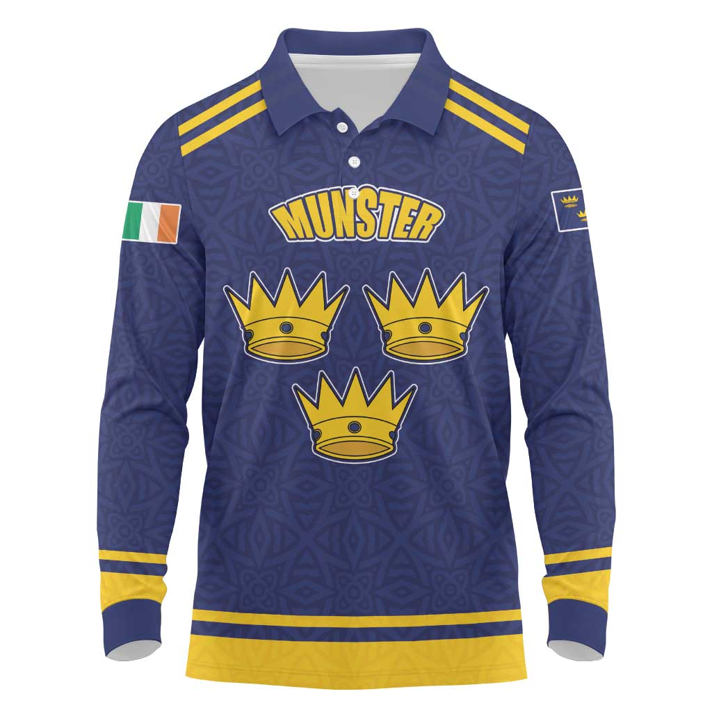 Personalized Ireland Munster Three Gold Crowns Long Sleeve Polo Shirt An Mhumhain Flag Three Gold Crowns