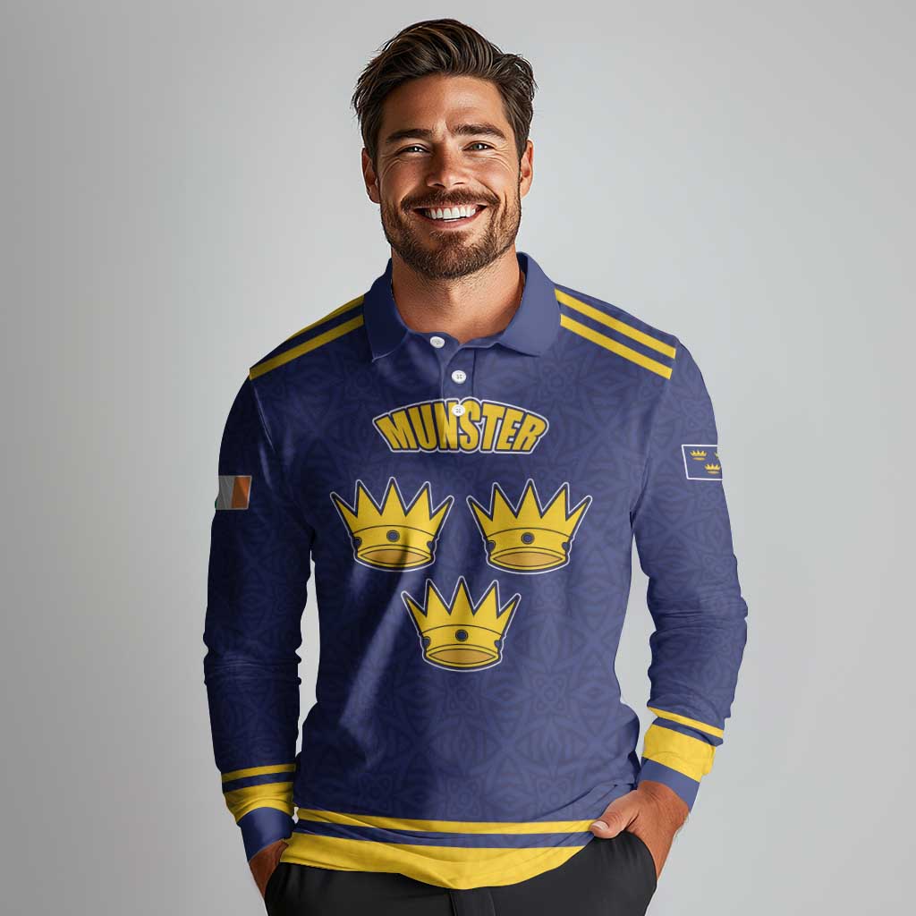 Personalized Ireland Munster Three Gold Crowns Long Sleeve Polo Shirt An Mhumhain Flag Three Gold Crowns
