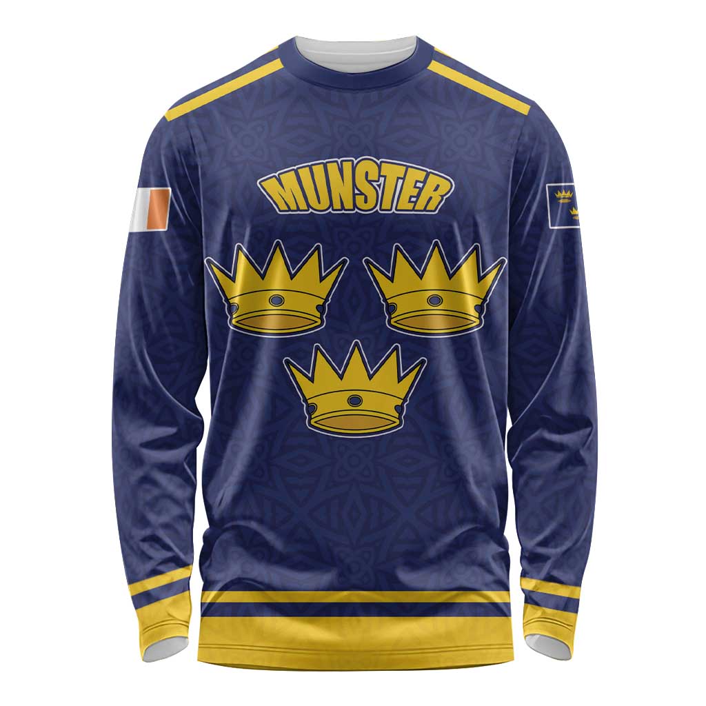 Personalized Ireland Munster Three Gold Crowns Long Sleeve Shirt An Mhumhain Flag Three Gold Crowns