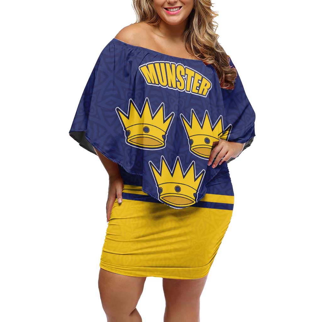 Personalized Ireland Munster Three Gold Crowns Off Shoulder Short Dress An Mhumhain Flag Three Gold Crowns