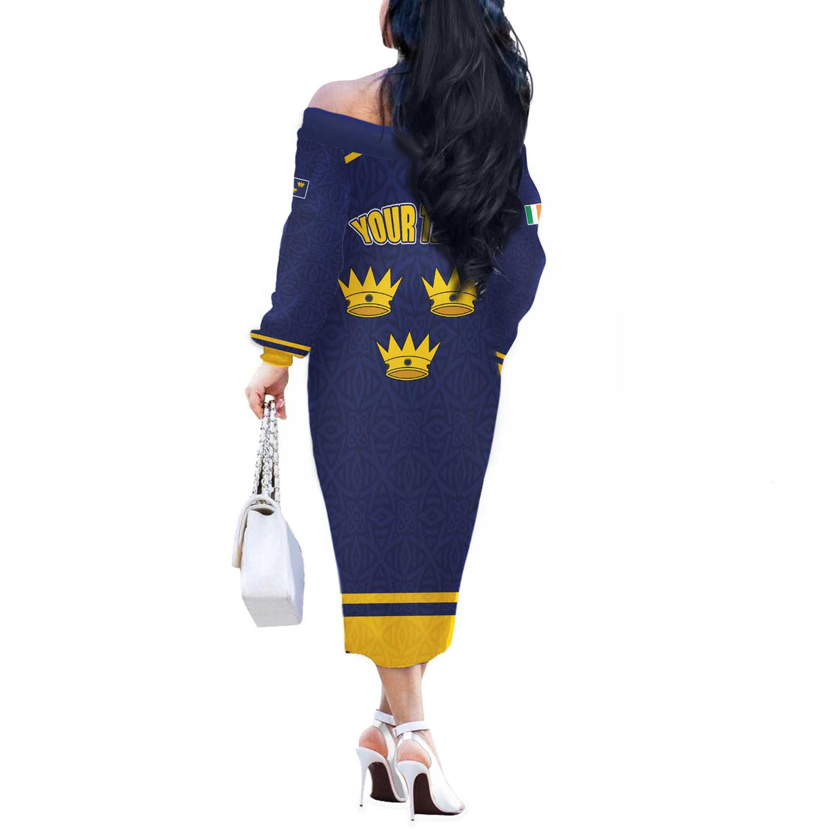 Personalized Ireland Munster Three Gold Crowns Off The Shoulder Long Sleeve Dress An Mhumhain Flag Three Gold Crowns