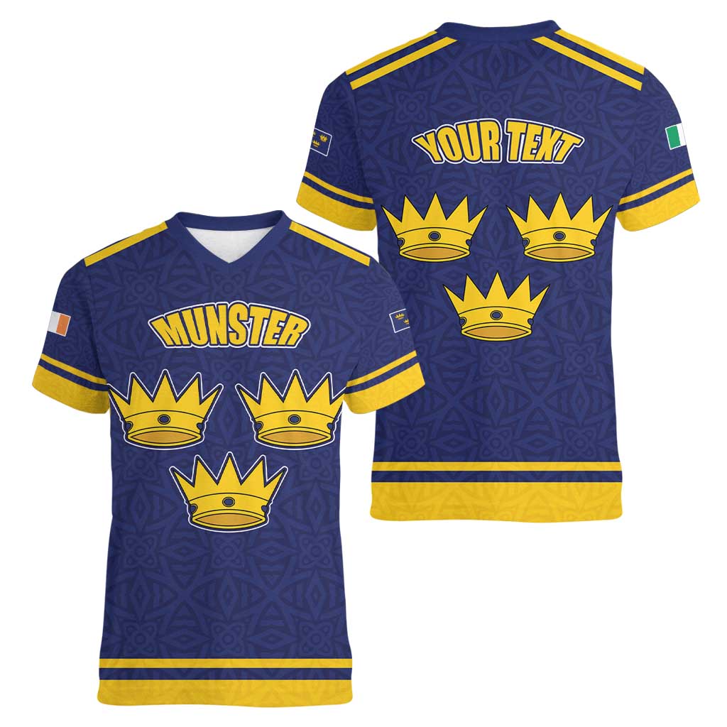 Personalized Ireland Munster Three Gold Crowns Women V-Neck T-Shirt An Mhumhain Flag Three Gold Crowns