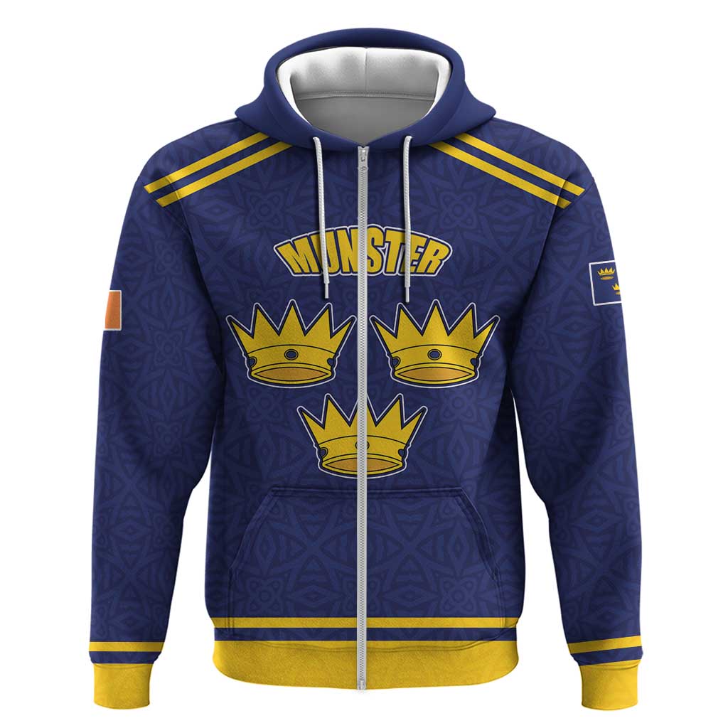 Personalized Ireland Munster Three Gold Crowns Zip Hoodie An Mhumhain Flag Three Gold Crowns