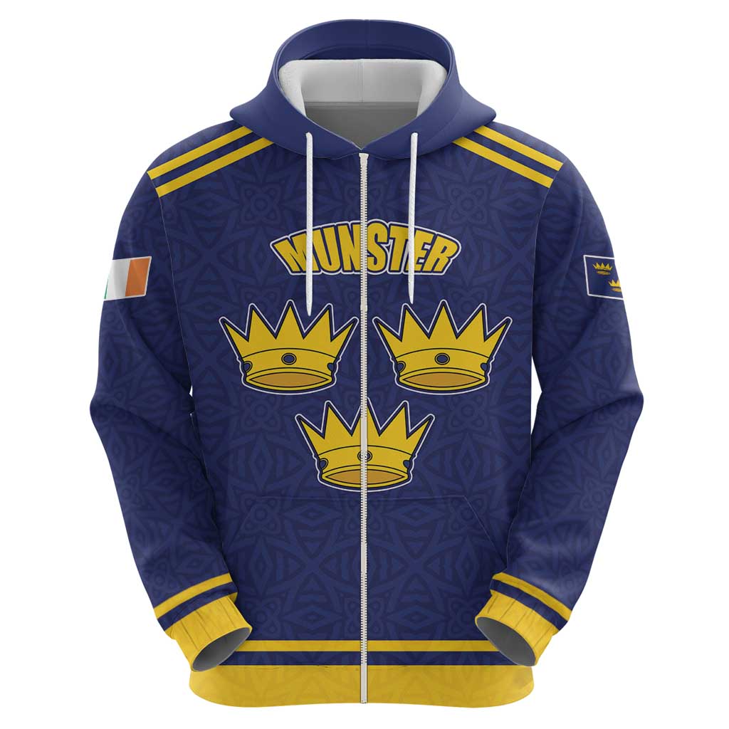 Personalized Ireland Munster Three Gold Crowns Zip Hoodie An Mhumhain Flag Three Gold Crowns