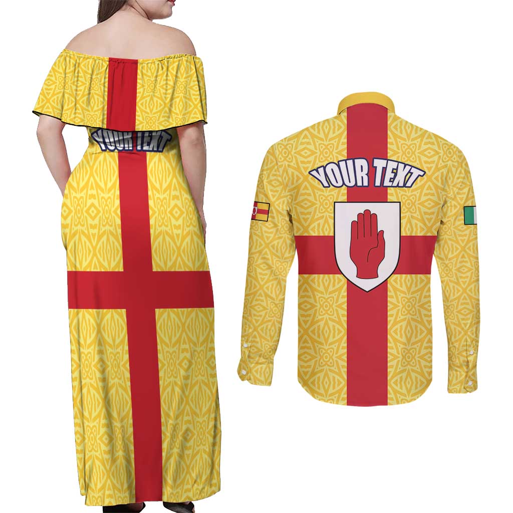 Personalized Ireland Ulster Couples Matching Off Shoulder Maxi Dress and Long Sleeve Button Shirt Ulaidh Flag With Celtic Patern