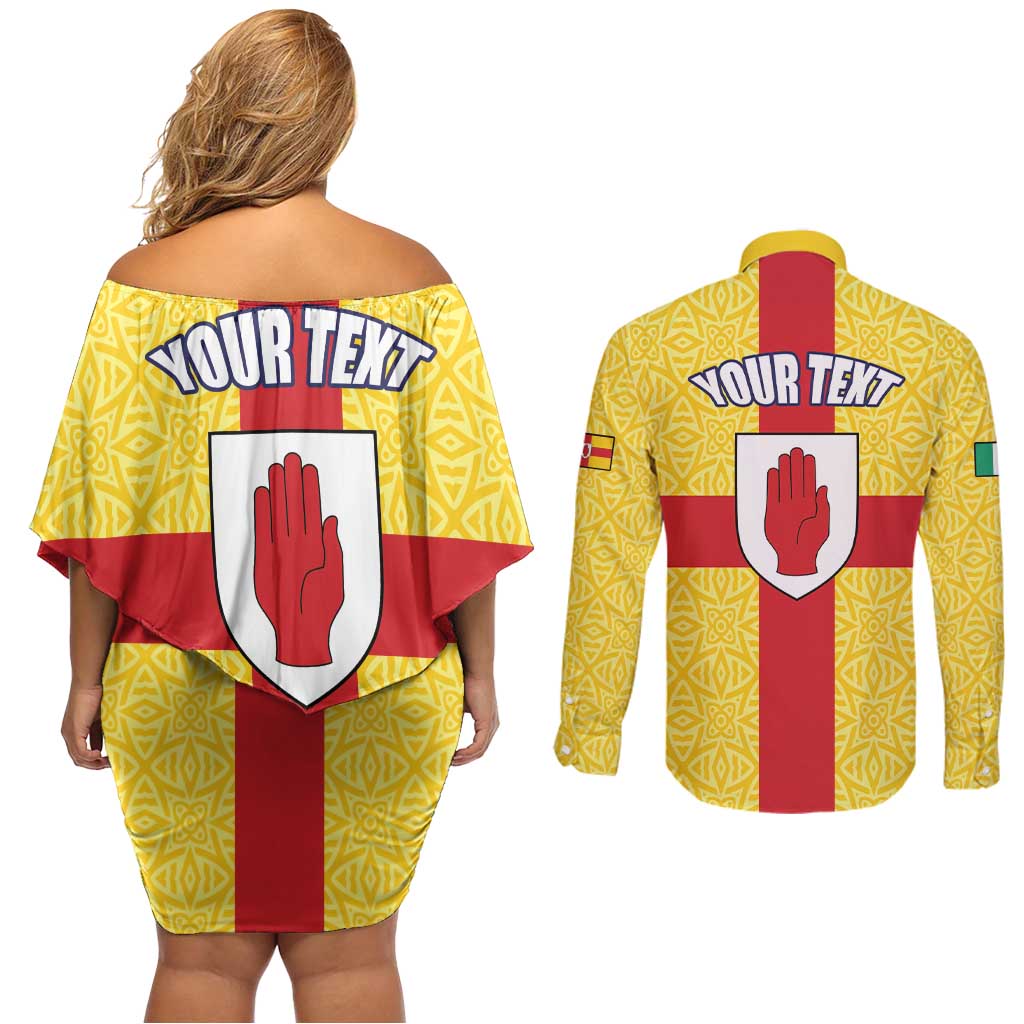 Personalized Ireland Ulster Couples Matching Off Shoulder Short Dress and Long Sleeve Button Shirt Ulaidh Flag With Celtic Patern