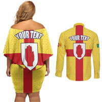 Personalized Ireland Ulster Couples Matching Off Shoulder Short Dress and Long Sleeve Button Shirt Ulaidh Flag With Celtic Patern