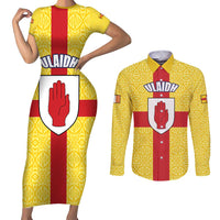 Personalized Ireland Ulster Couples Matching Short Sleeve Bodycon Dress and Long Sleeve Button Shirt Ulaidh Flag With Celtic Patern