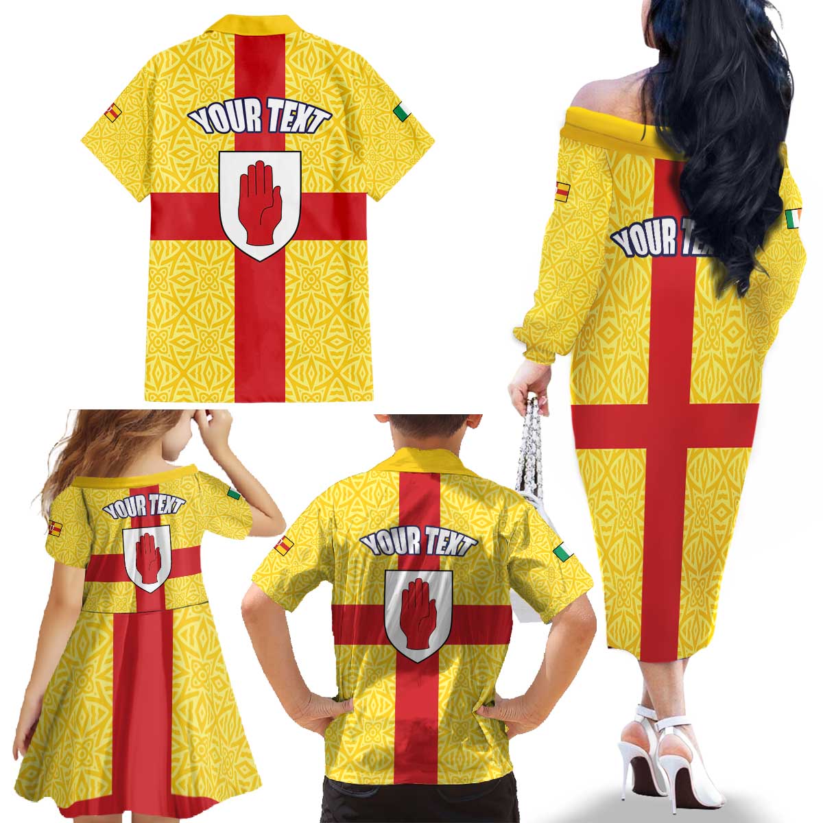 Personalized Ireland Ulster Family Matching Off The Shoulder Long Sleeve Dress and Hawaiian Shirt Ulaidh Flag With Celtic Patern