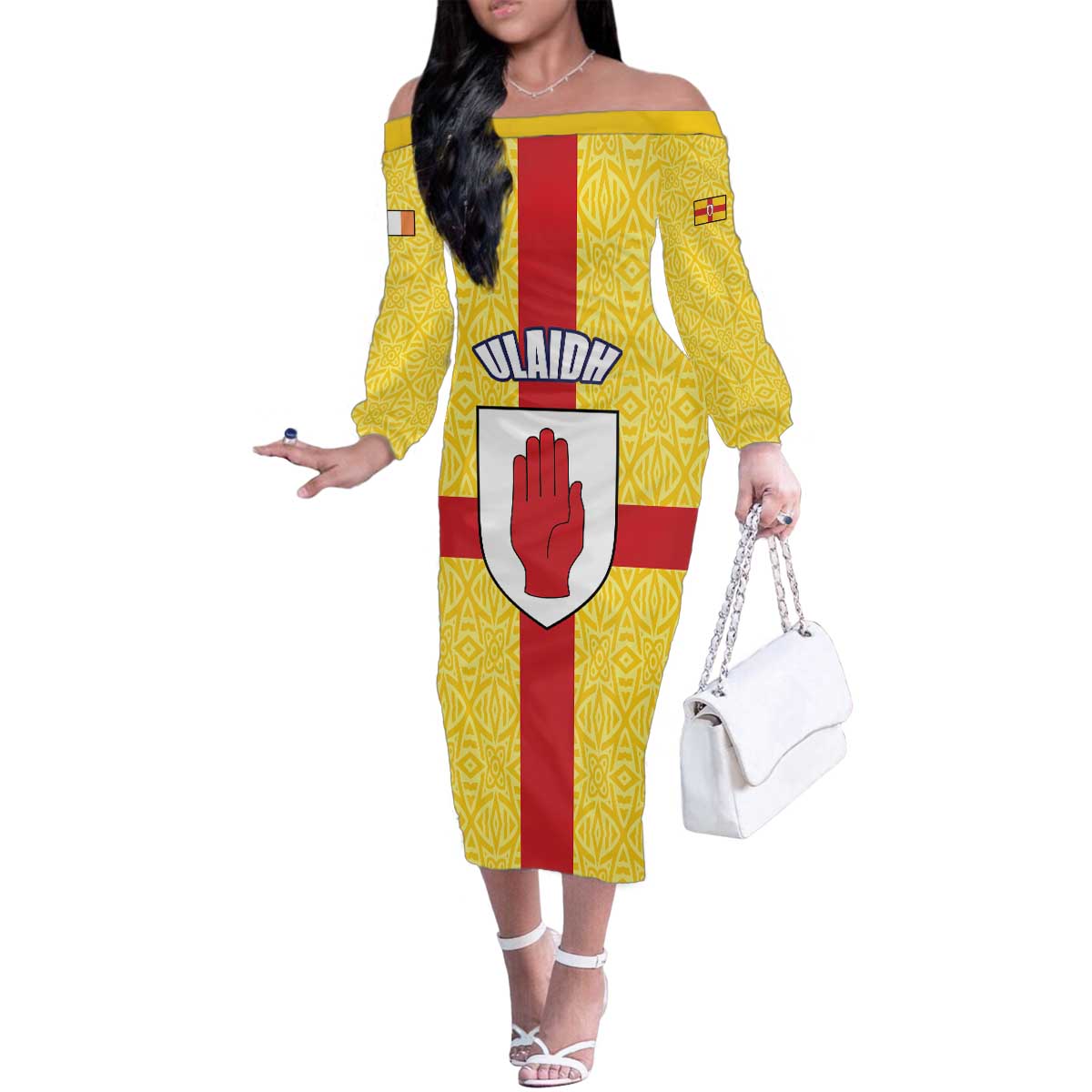 Personalized Ireland Ulster Family Matching Off The Shoulder Long Sleeve Dress and Hawaiian Shirt Ulaidh Flag With Celtic Patern