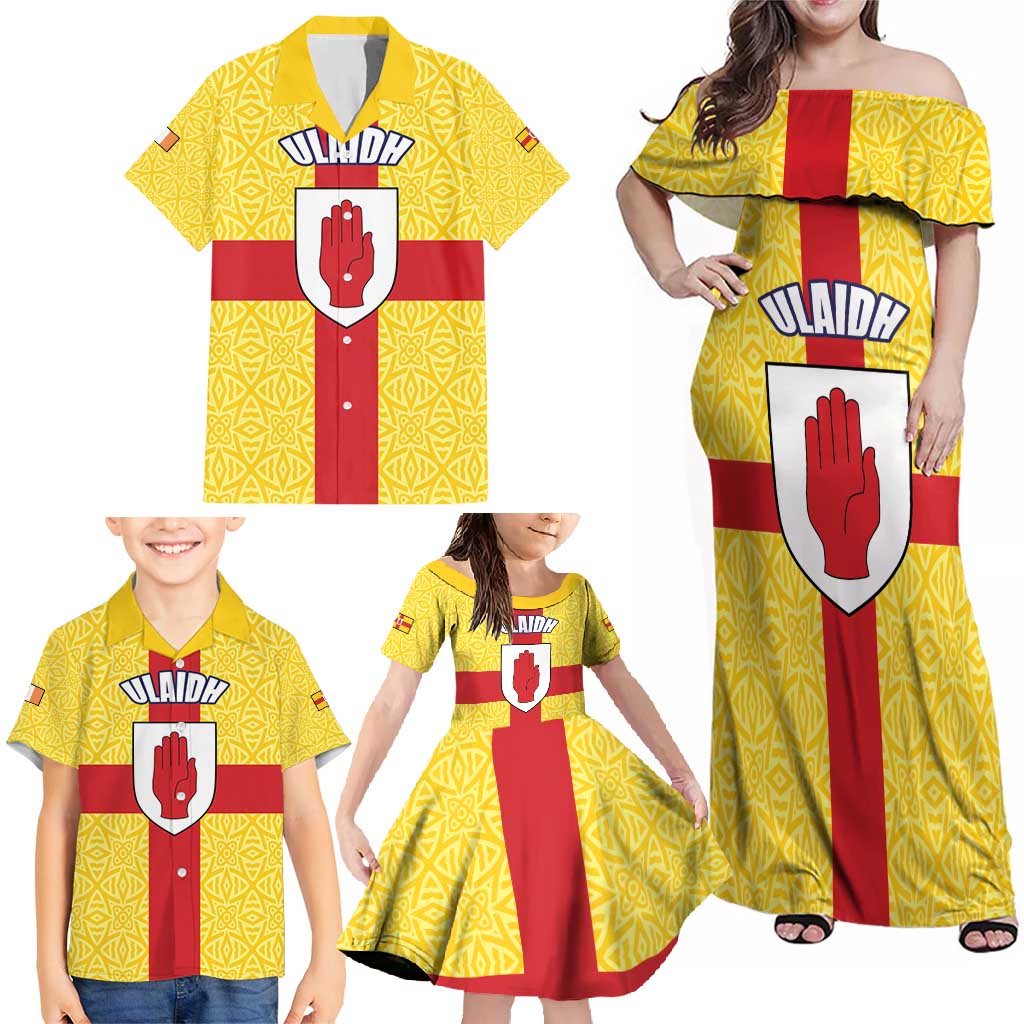 Personalized Ireland Ulster Family Matching Off Shoulder Maxi Dress and Hawaiian Shirt Ulaidh Flag With Celtic Patern