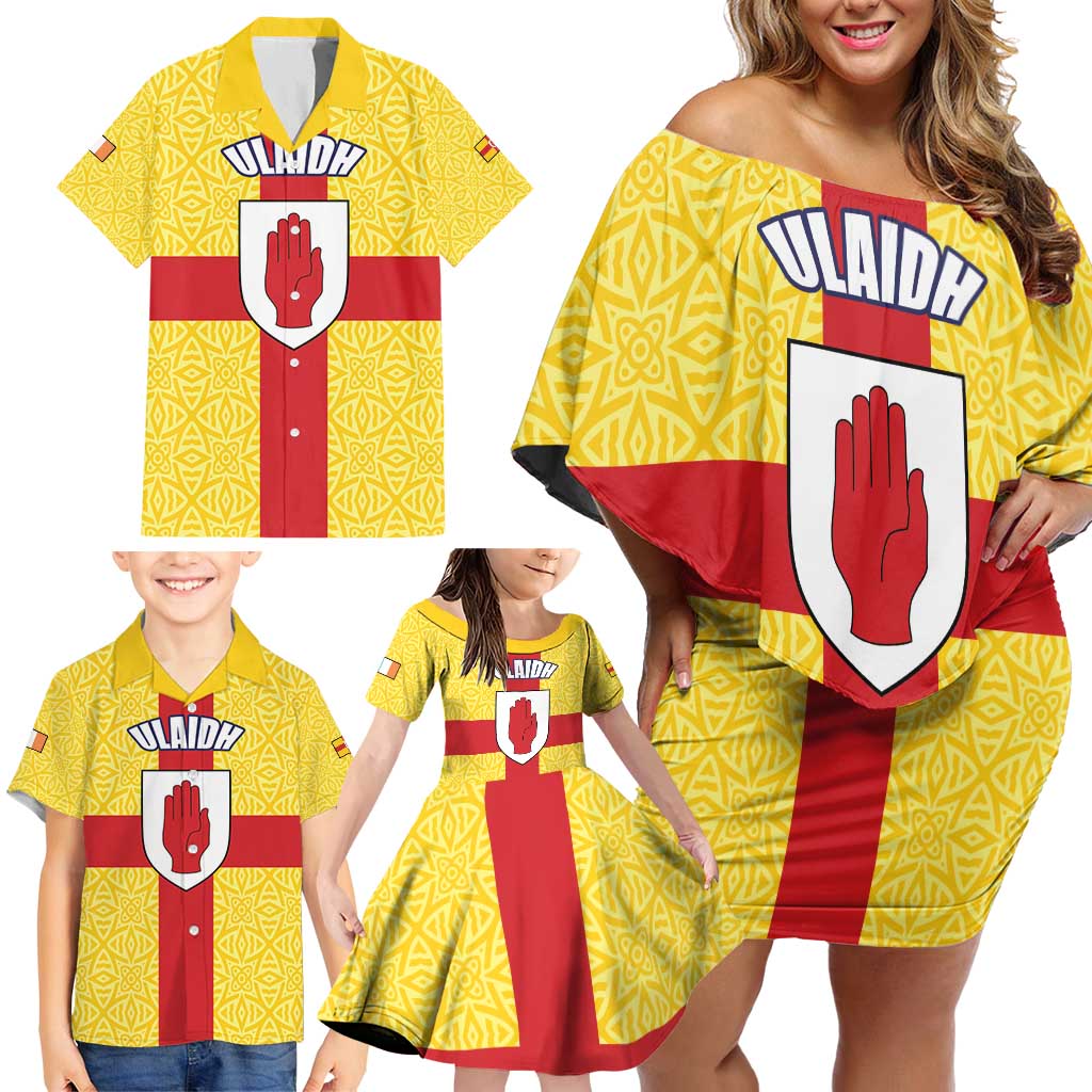Personalized Ireland Ulster Family Matching Off Shoulder Short Dress and Hawaiian Shirt Ulaidh Flag With Celtic Patern