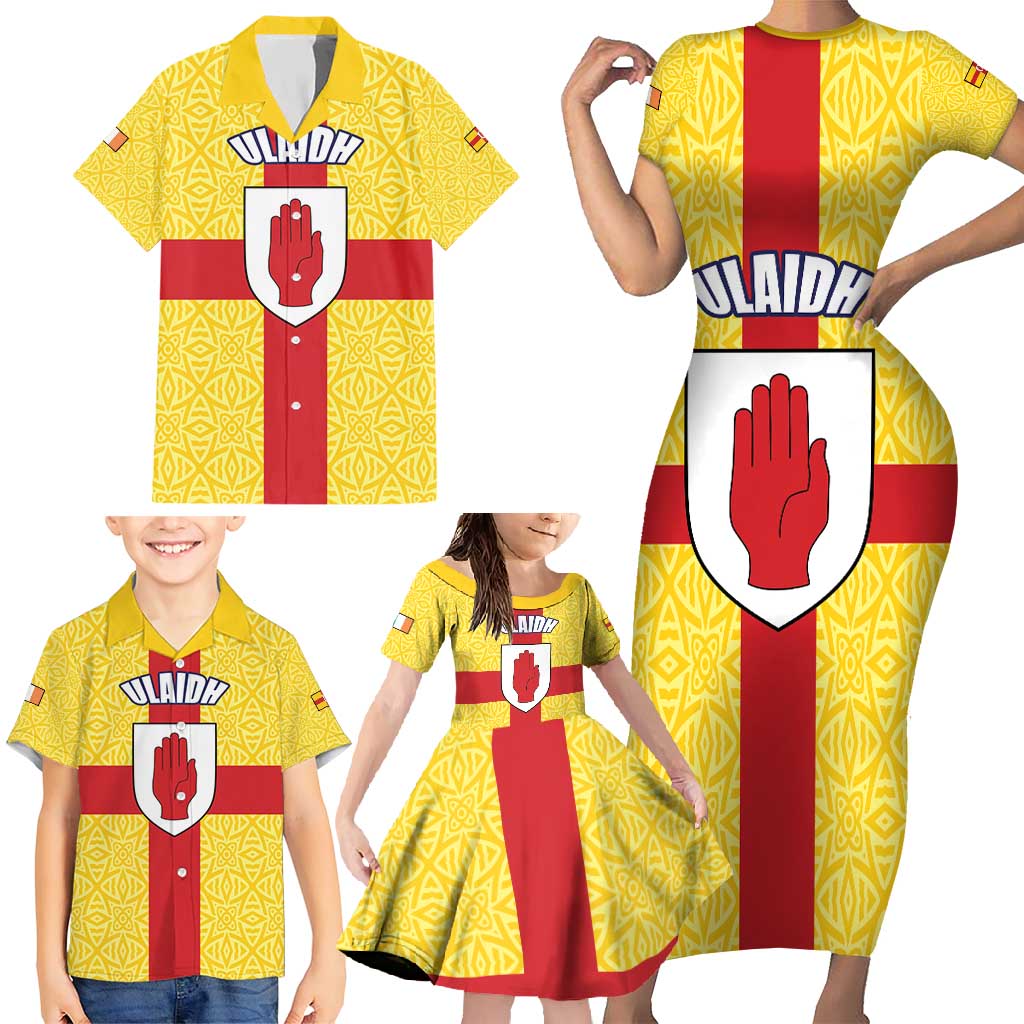 Personalized Ireland Ulster Family Matching Short Sleeve Bodycon Dress and Hawaiian Shirt Ulaidh Flag With Celtic Patern