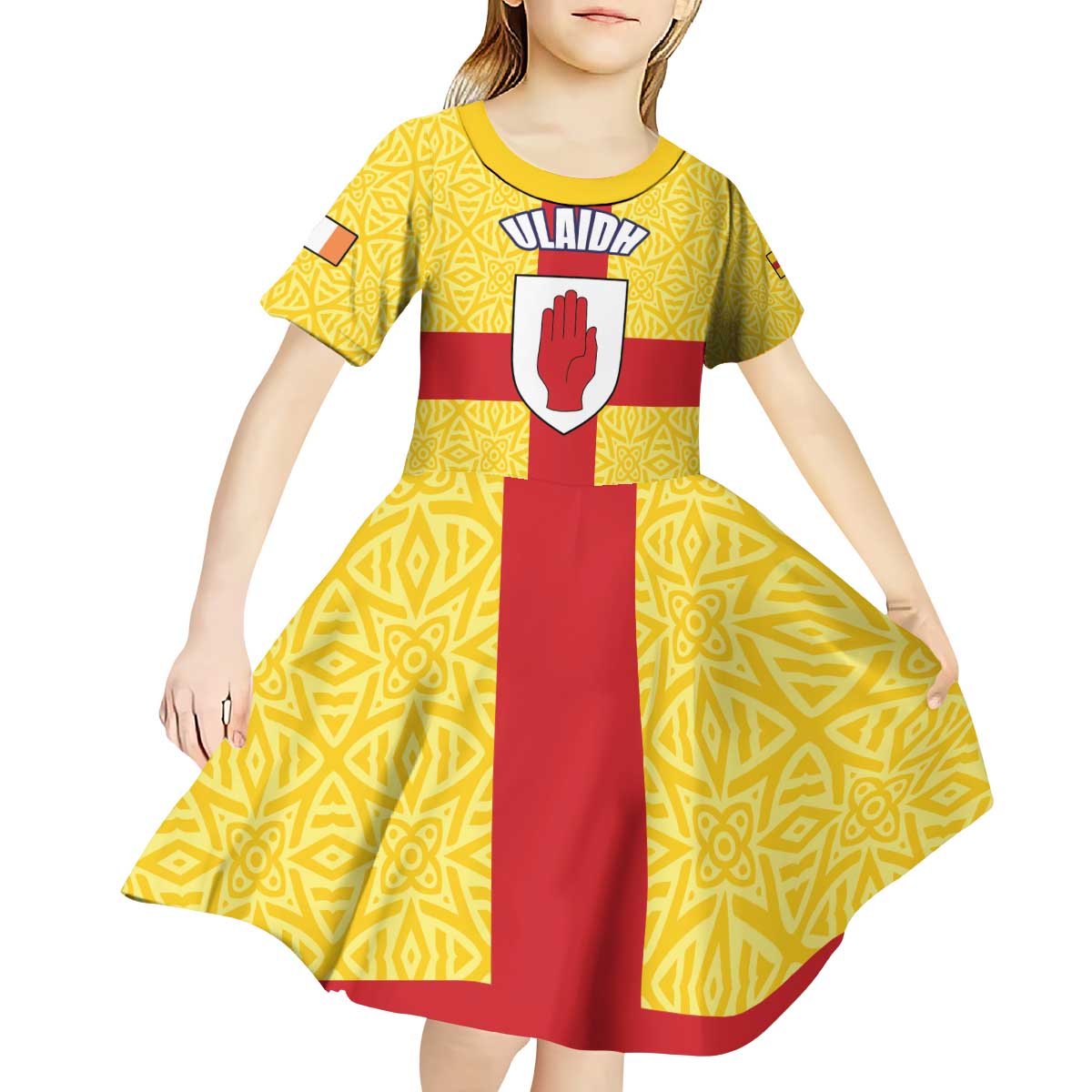 Personalized Ireland Ulster Kid Short Sleeve Dress Ulaidh Flag With Celtic Patern