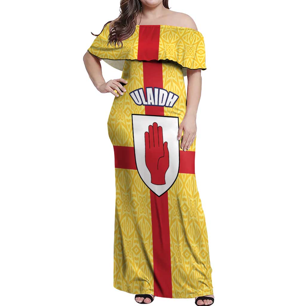 Personalized Ireland Ulster Off Shoulder Maxi Dress Ulaidh Flag With Celtic Patern
