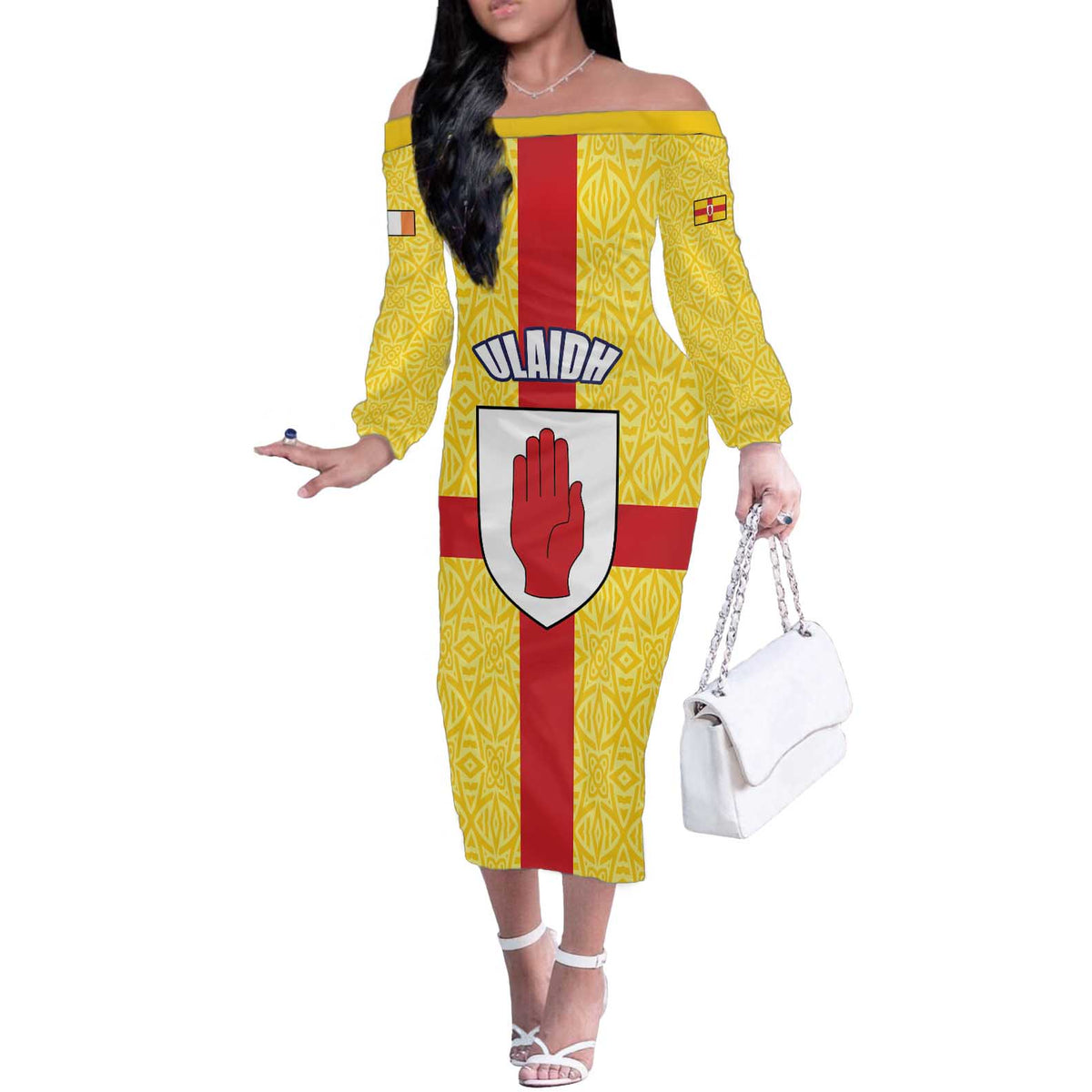 Personalized Ireland Ulster Off The Shoulder Long Sleeve Dress Ulaidh Flag With Celtic Patern