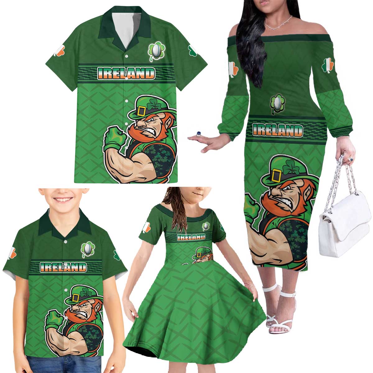 Custom Ireland Rugby with Celtic Pattern Family Matching Off The Shoulder Long Sleeve Dress and Hawaiian Shirt Shamrock Go Champions