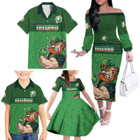 Custom Ireland Rugby with Celtic Pattern Family Matching Off The Shoulder Long Sleeve Dress and Hawaiian Shirt Shamrock Go Champions