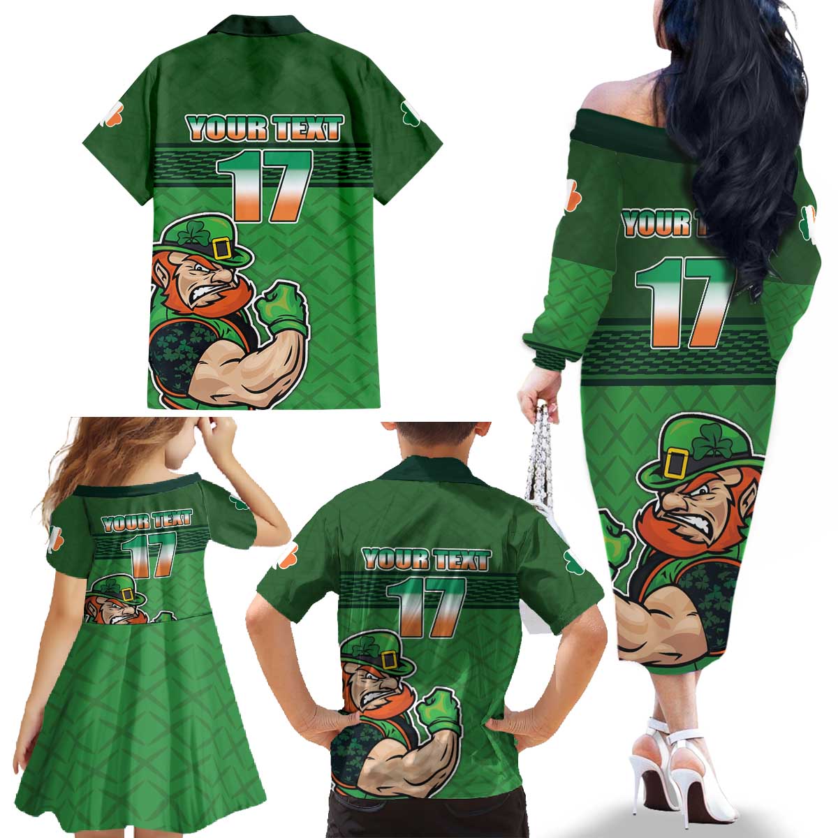 Custom Ireland Rugby with Celtic Pattern Family Matching Off The Shoulder Long Sleeve Dress and Hawaiian Shirt Shamrock Go Champions