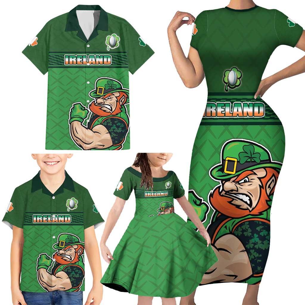 Custom Ireland Rugby with Celtic Pattern Family Matching Short Sleeve Bodycon Dress and Hawaiian Shirt Shamrock Go Champions