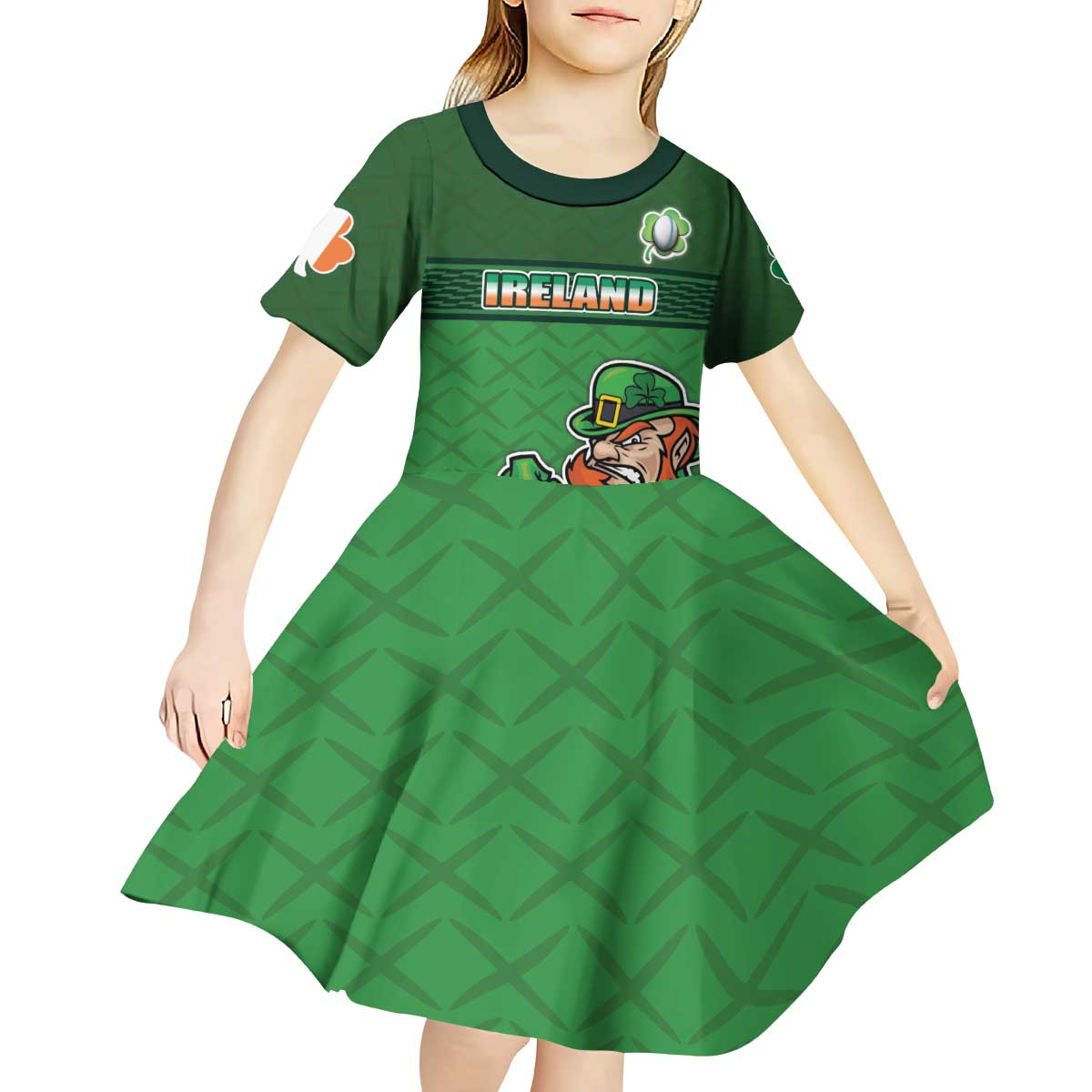 Custom Ireland Rugby with Celtic Pattern Kid Short Sleeve Dress Shamrock Go Champions