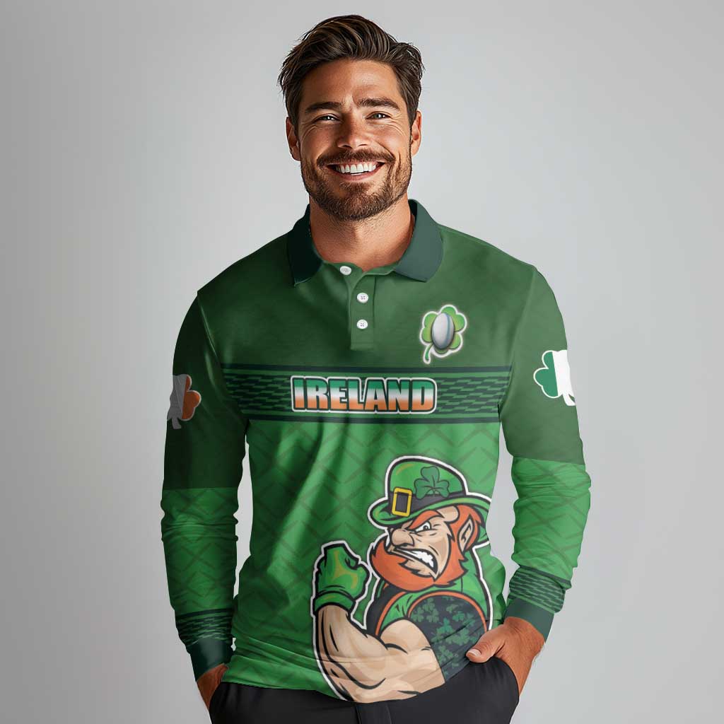 Custom Ireland Rugby with Celtic Pattern Long Sleeve Polo Shirt Shamrock Go Champions
