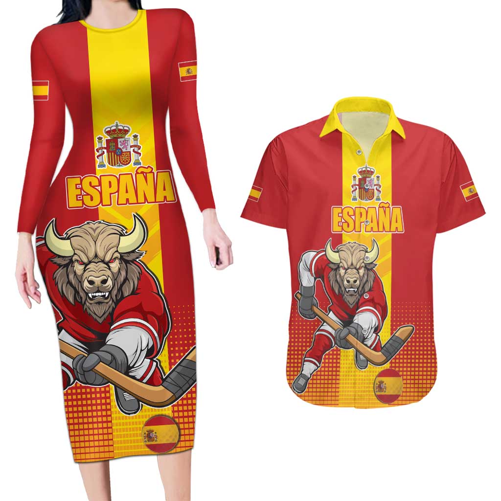 Custom Spain Field Hockey Couples Matching Long Sleeve Bodycon Dress and Hawaiian Shirt Sporty Style with Bull Mascot