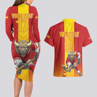 Custom Spain Field Hockey Couples Matching Long Sleeve Bodycon Dress and Hawaiian Shirt Sporty Style with Bull Mascot