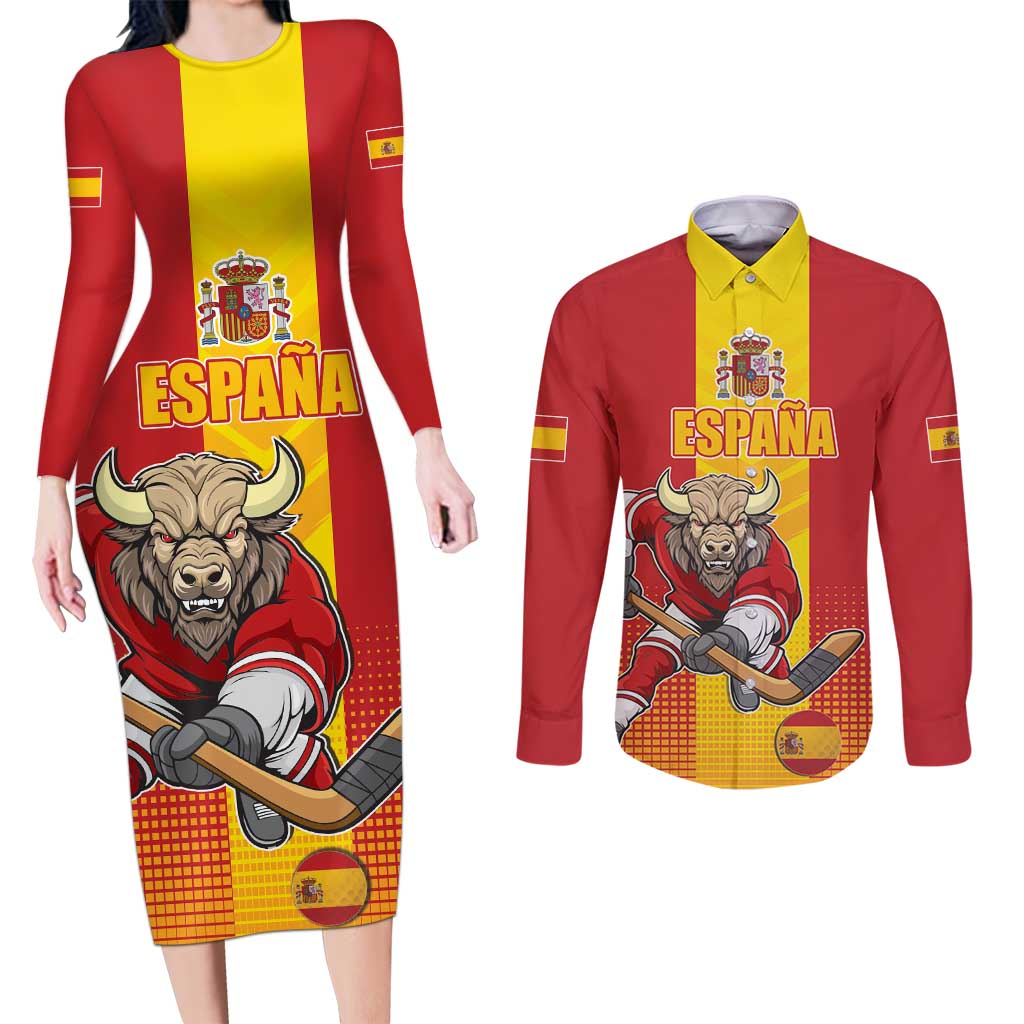 Custom Spain Field Hockey Couples Matching Long Sleeve Bodycon Dress and Long Sleeve Button Shirt Sporty Style with Bull Mascot