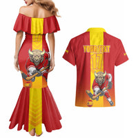 Custom Spain Field Hockey Couples Matching Mermaid Dress and Hawaiian Shirt Sporty Style with Bull Mascot