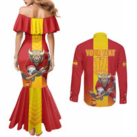 Custom Spain Field Hockey Couples Matching Mermaid Dress and Long Sleeve Button Shirt Sporty Style with Bull Mascot