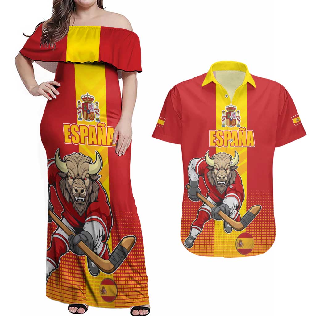 Custom Spain Field Hockey Couples Matching Off Shoulder Maxi Dress and Hawaiian Shirt Sporty Style with Bull Mascot