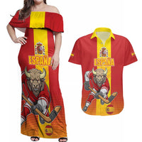 Custom Spain Field Hockey Couples Matching Off Shoulder Maxi Dress and Hawaiian Shirt Sporty Style with Bull Mascot