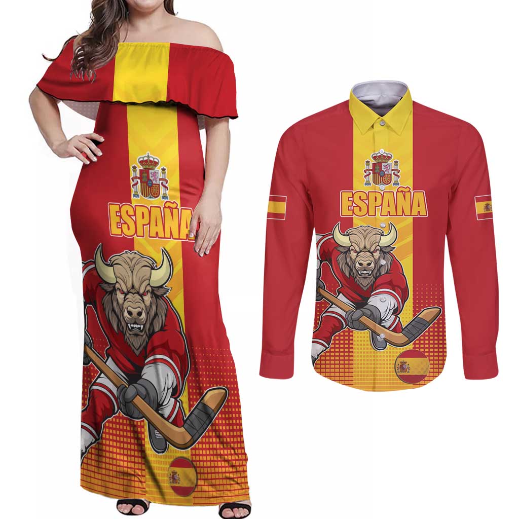 Custom Spain Field Hockey Couples Matching Off Shoulder Maxi Dress and Long Sleeve Button Shirt Sporty Style with Bull Mascot