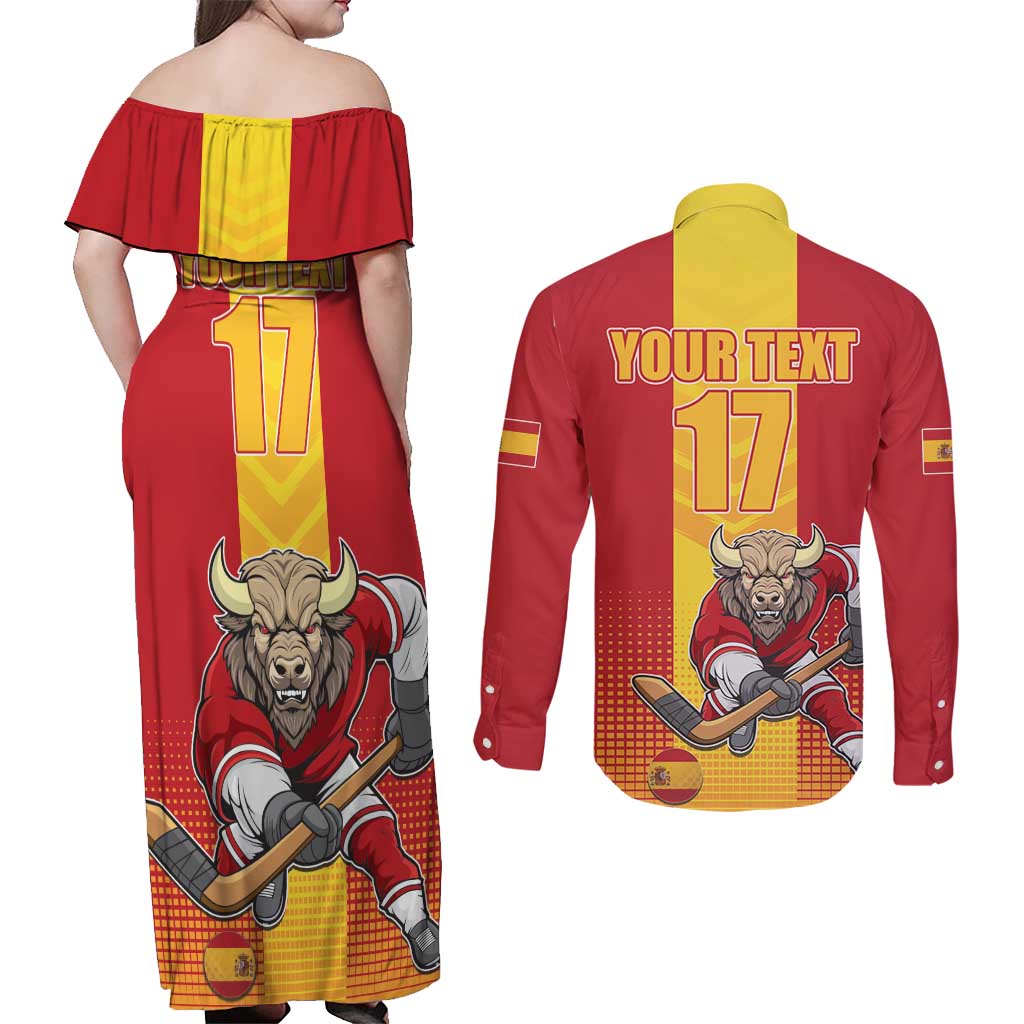 Custom Spain Field Hockey Couples Matching Off Shoulder Maxi Dress and Long Sleeve Button Shirt Sporty Style with Bull Mascot