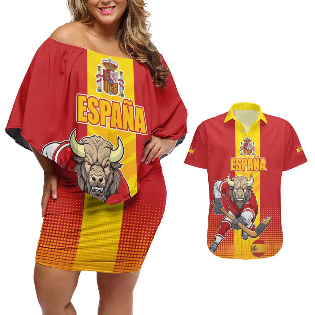 Custom Spain Field Hockey Couples Matching Off Shoulder Short Dress and Hawaiian Shirt Sporty Style with Bull Mascot