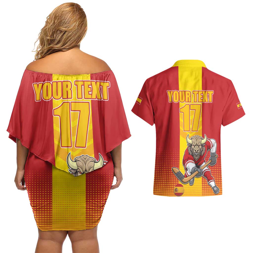 Custom Spain Field Hockey Couples Matching Off Shoulder Short Dress and Hawaiian Shirt Sporty Style with Bull Mascot