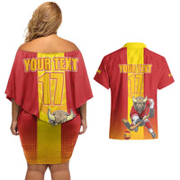 Custom Spain Field Hockey Couples Matching Off Shoulder Short Dress and Hawaiian Shirt Sporty Style with Bull Mascot