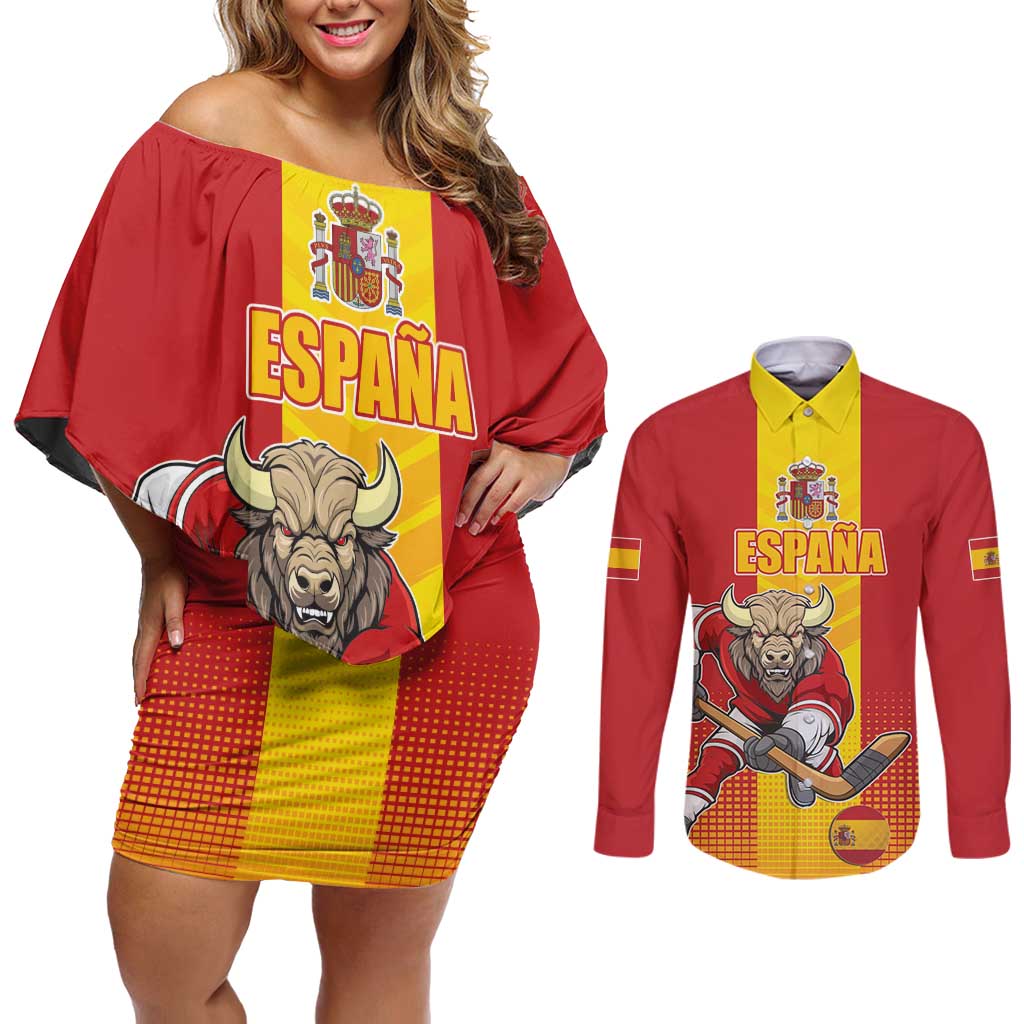 Custom Spain Field Hockey Couples Matching Off Shoulder Short Dress and Long Sleeve Button Shirt Sporty Style with Bull Mascot