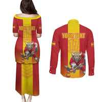 Custom Spain Field Hockey Couples Matching Puletasi and Long Sleeve Button Shirt Sporty Style with Bull Mascot