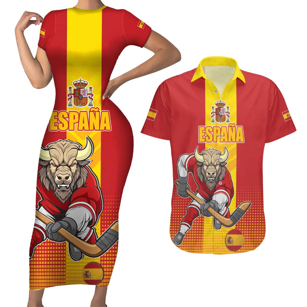 Custom Spain Field Hockey Couples Matching Short Sleeve Bodycon Dress and Hawaiian Shirt Sporty Style with Bull Mascot