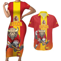 Custom Spain Field Hockey Couples Matching Short Sleeve Bodycon Dress and Hawaiian Shirt Sporty Style with Bull Mascot