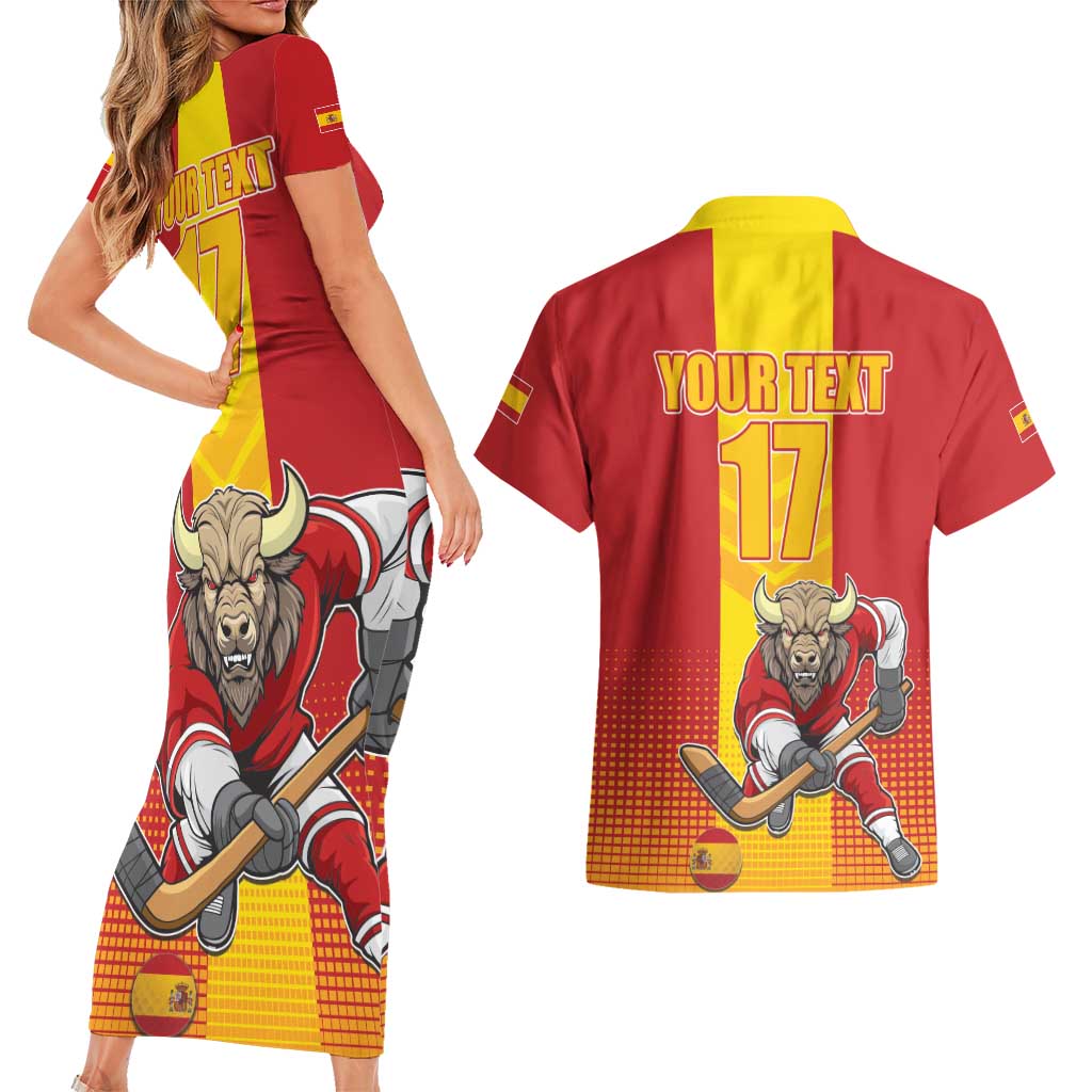 Custom Spain Field Hockey Couples Matching Short Sleeve Bodycon Dress and Hawaiian Shirt Sporty Style with Bull Mascot