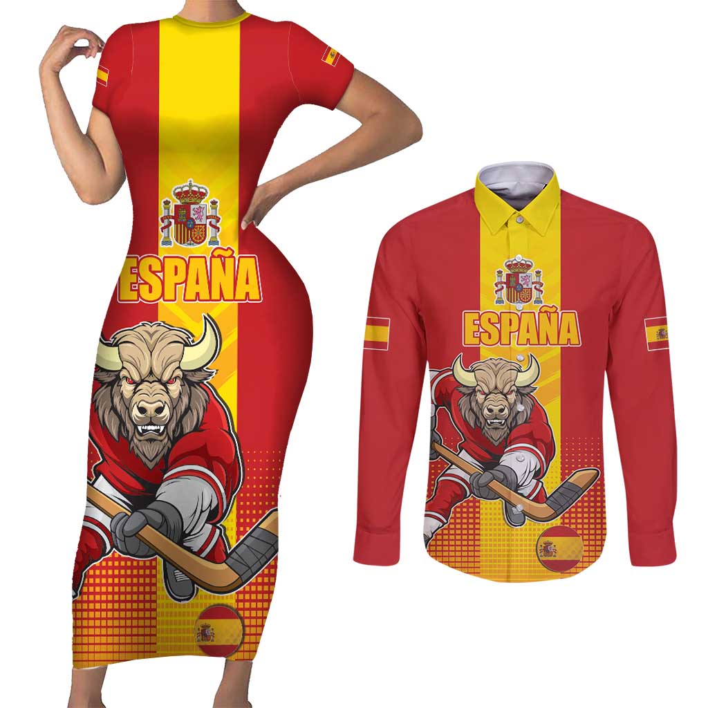 Custom Spain Field Hockey Couples Matching Short Sleeve Bodycon Dress and Long Sleeve Button Shirt Sporty Style with Bull Mascot