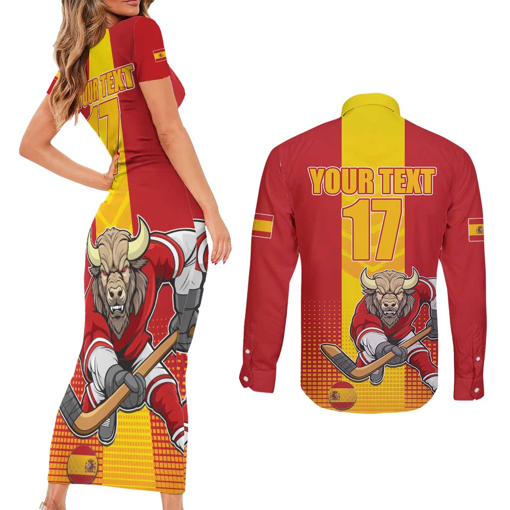 Custom Spain Field Hockey Couples Matching Short Sleeve Bodycon Dress and Long Sleeve Button Shirt Sporty Style with Bull Mascot